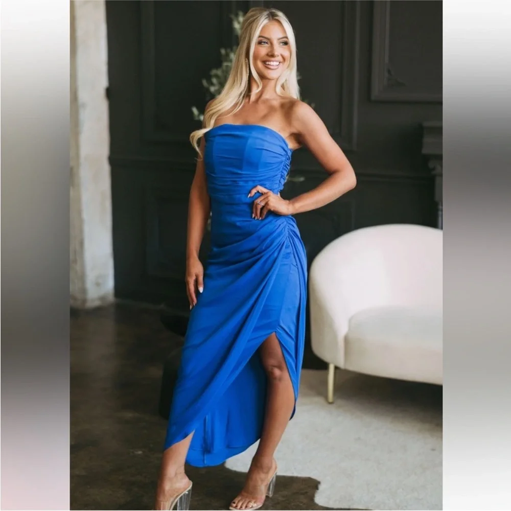Strapless Blue Midi Dress - Picture 2 of 6